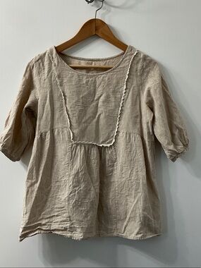 Roolee Beige Linen Bib Front Puff Sleeve Top